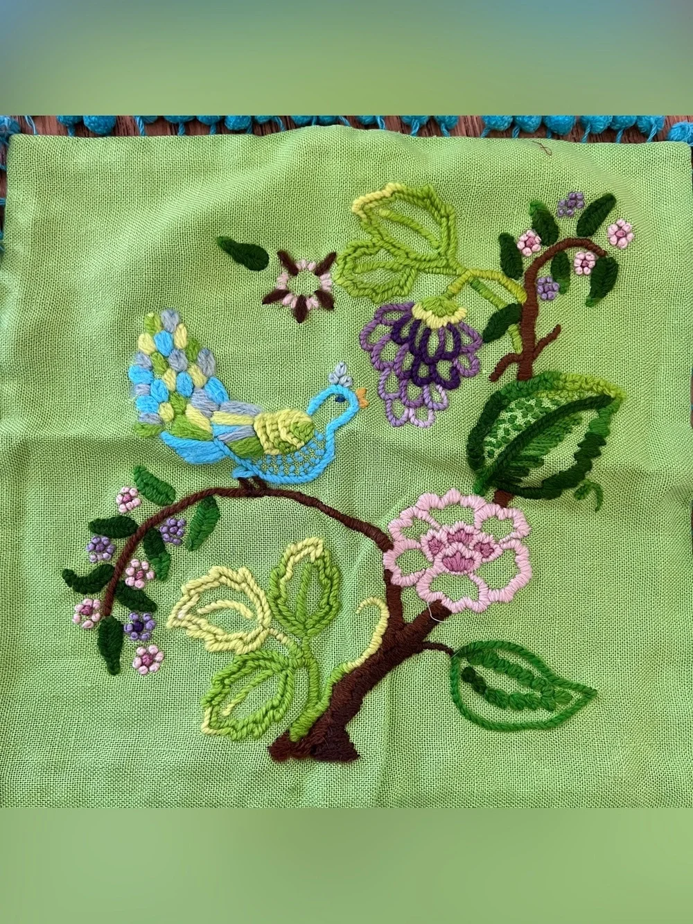 Embroidered Green Floral Accent Pillow Cover with Blue Pom Trim Square boho bird